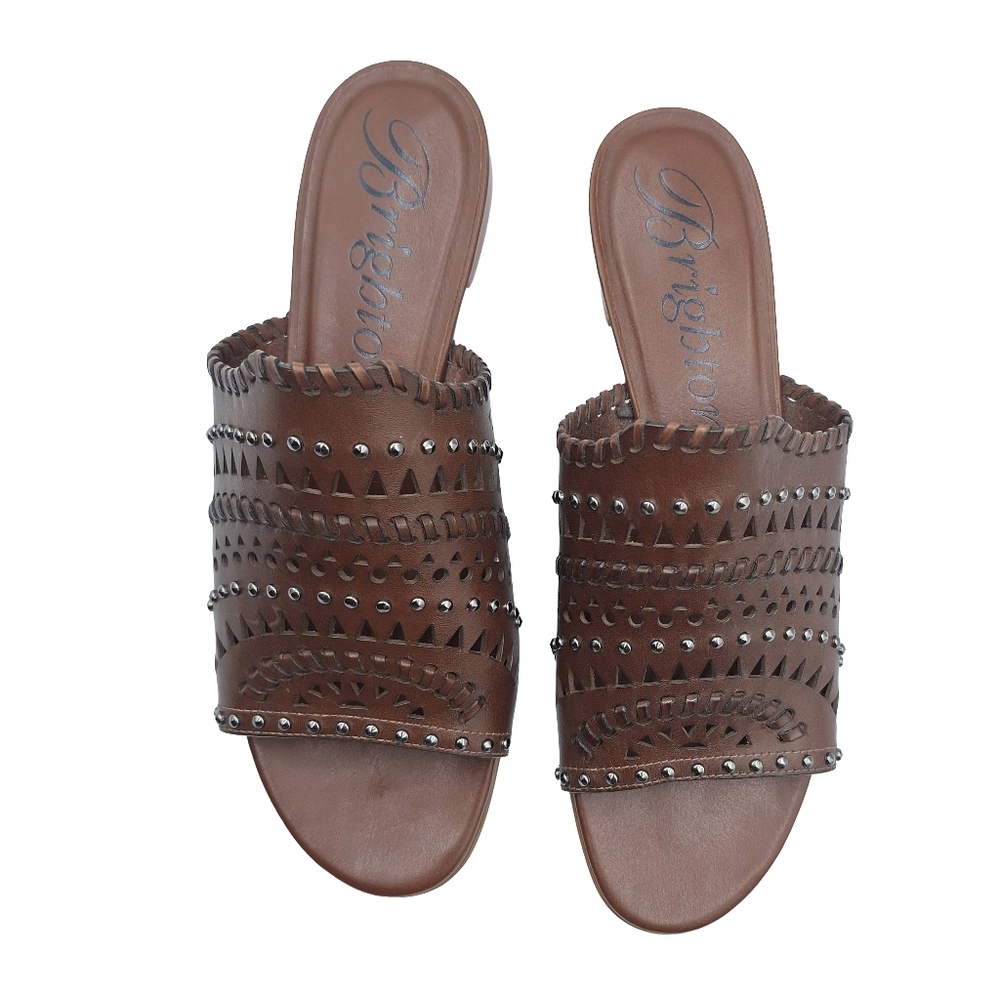 Brighton Ferrara NEO Caramel Laser Cut Studded Leather Sandals - 9 - Picture 5 of 13